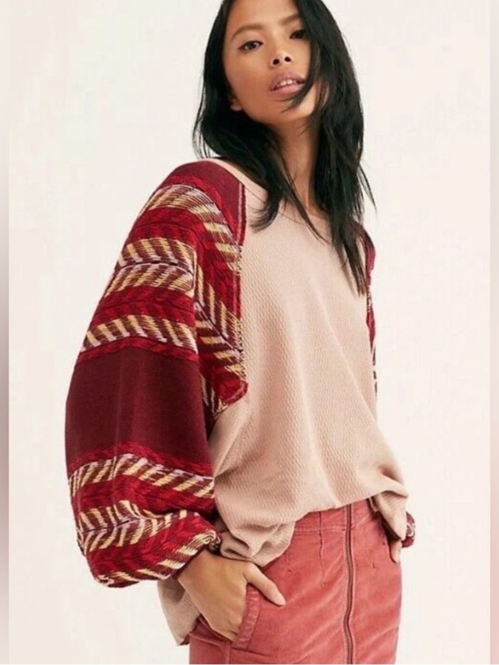 Free People Pink Cream and Burgundy Patterned Balloon Sleeve Top We The Free